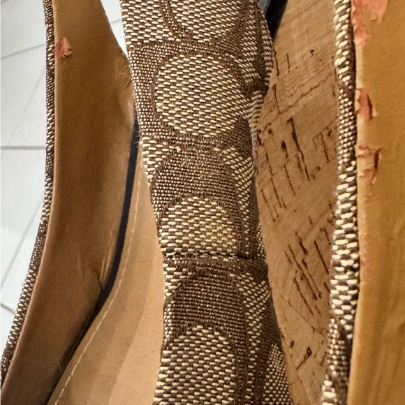 Coach Logo Print Slingback Wedge Sandals Brown Beige Black Canvas Leather 7.5B - Picture 4 of 12